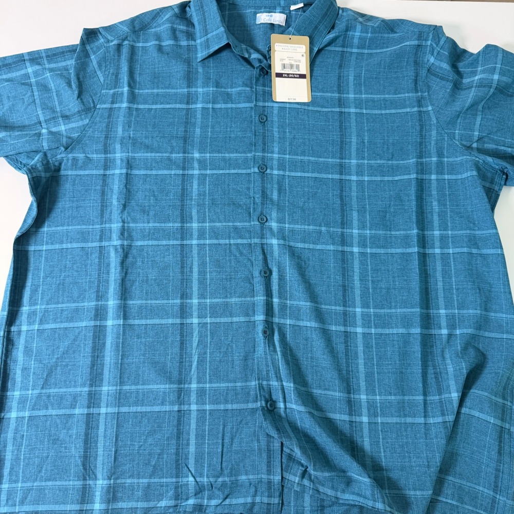 Cafe Luna Mens 2XL Blue Plaid Short Sleeve Button Down Shirt Reflecting Pond NEW